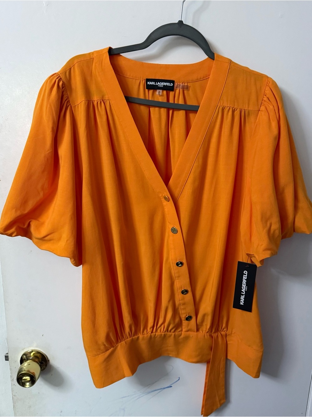 Karl Lagerfeld Bright Orange V-Neck Button Blouse